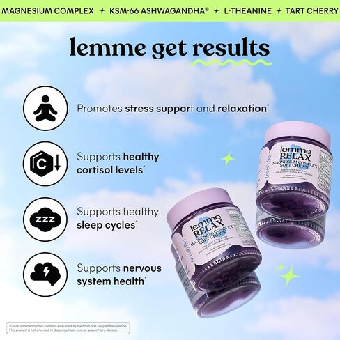 مضغ ناعم من Lemme Relax مع جليسينات المغنيسيوم والسيترات، KSM-66 أشواغاندا + إل-ثيانين لدعم تخفيف التوتر، ومستويات الكورتيزول، ودورات المزاج والنوم الصحي، عصير ليمون بلاك بيري (30 قطعة مضغ) in Kuwait
