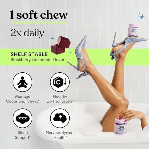مضغ ناعم من Lemme Relax مع جليسينات المغنيسيوم والسيترات، KSM-66 أشواغاندا + إل-ثيانين لدعم تخفيف التوتر، ومستويات الكورتيزول، ودورات المزاج والنوم الصحي، عصير ليمون بلاك بيري (30 قطعة مضغ) in Kuwait