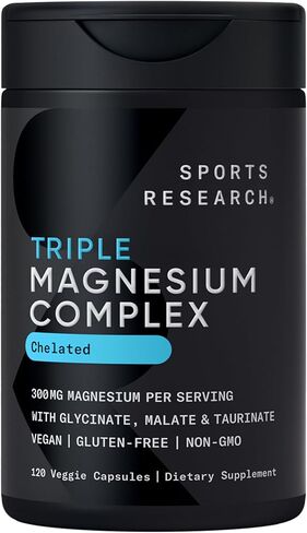 Sports Research® Chelated Triple Magnesium Complex with Glycinate, Taurinate & Malate (Chelamax®) for Enhanced Bioavailability* - 300 mg per Serving, Non-GMO, Certified Vegan, 120 Veggie Capsules in Saudi Arabia