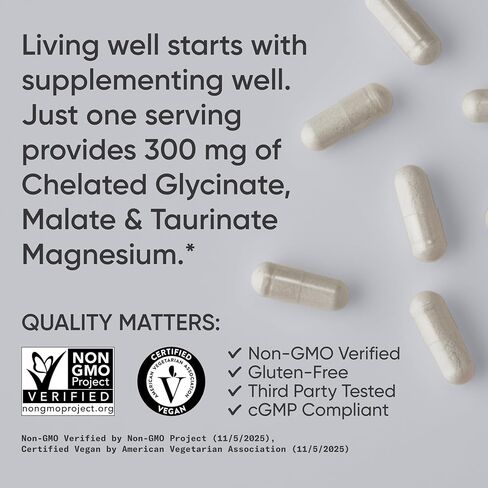 Sports Research® Chelated Triple Magnesium Complex with Glycinate, Taurinate & Malate (Chelamax®) for Enhanced Bioavailability* - 300 mg per Serving, Non-GMO, Certified Vegan, 120 Veggie Capsules in Saudi Arabia