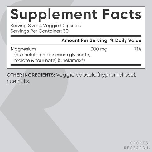 Sports Research® Chelated Triple Magnesium Complex with Glycinate, Taurinate & Malate (Chelamax®) for Enhanced Bioavailability* - 300 mg per Serving, Non-GMO, Certified Vegan, 120 Veggie Capsules in Saudi Arabia