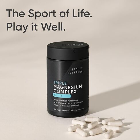Sports Research® Chelated Triple Magnesium Complex with Glycinate, Taurinate & Malate (Chelamax®) for Enhanced Bioavailability* - 300 mg per Serving, Non-GMO, Certified Vegan, 120 Veggie Capsules in Saudi Arabia