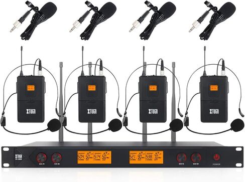 XTUGA A400 4-Channel UHF Wireless Microphone System, 200FT Range, Fixed Frequency, 2 Bodypacks, 2 Handhelds/Headsets/Lapels Mic for Stage Church Family Party in Saudi Arabia