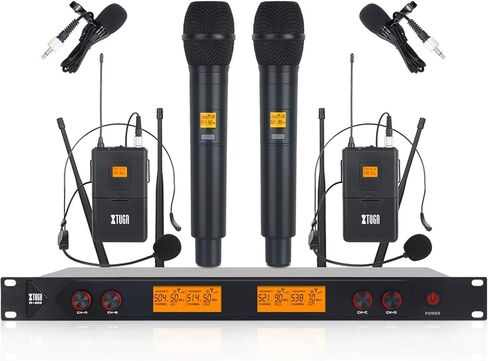 XTUGA A400 4-Channel UHF Wireless Microphone System, 200FT Range, Fixed Frequency, 2 Bodypacks, 2 Handhelds/Headsets/Lapels Mic for Stage Church Family Party in Saudi Arabia