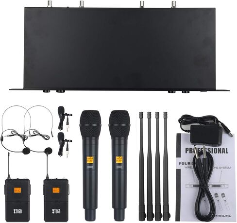 XTUGA A400 4-Channel UHF Wireless Microphone System, 200FT Range, Fixed Frequency, 2 Bodypacks, 2 Handhelds/Headsets/Lapels Mic for Stage Church Family Party in Saudi Arabia