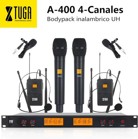 XTUGA A400 4-Channel UHF Wireless Microphone System, 200FT Range, Fixed Frequency, 2 Bodypacks, 2 Handhelds/Headsets/Lapels Mic for Stage Church Family Party in Saudi Arabia