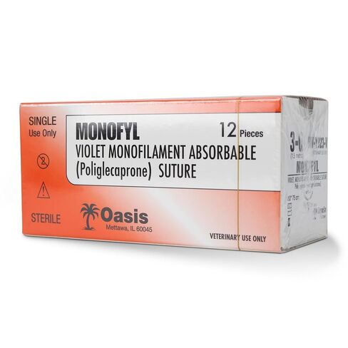 خياطة أحادية صناعية قابلة للامتصاص من Oasis Vet (Poliglecaprone)، 3-0، (FS-2) 3/8 19 مم إبرة قطع عكسية، 75 سم، 12/صندوق، للاستخدام البيطري in Kuwait