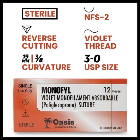 خياطة أحادية صناعية قابلة للامتصاص من Oasis Vet (Poliglecaprone)، 3-0، (FS-2) 3/8 19 مم إبرة قطع عكسية، 75 سم، 12/صندوق، للاستخدام البيطري in Kuwait