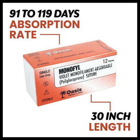 خياطة أحادية صناعية قابلة للامتصاص من Oasis Vet (Poliglecaprone)، 3-0، (FS-2) 3/8 19 مم إبرة قطع عكسية، 75 سم، 12/صندوق، للاستخدام البيطري in Kuwait