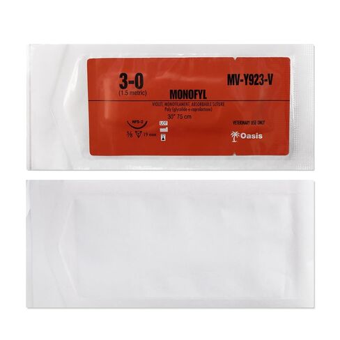 خياطة أحادية صناعية قابلة للامتصاص من Oasis Vet (Poliglecaprone)، 3-0، (FS-2) 3/8 19 مم إبرة قطع عكسية، 75 سم، 12/صندوق، للاستخدام البيطري in Kuwait