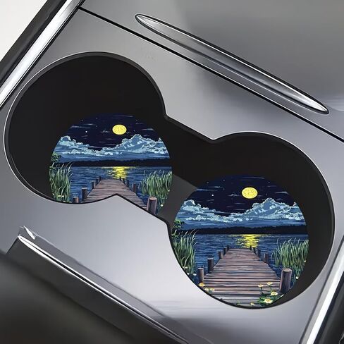 2pcs Van Gogh Style Serene Lake and Starry Sky Scenery Car Coaster - Heat-Resistant Non-Slip Car Cup Holder Suitable for Home, Office, Car - Ideal Birthday Fashionable Interior Accessor in Saudi Arabia