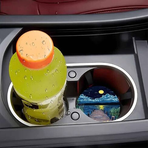2pcs Van Gogh Style Serene Lake and Starry Sky Scenery Car Coaster - Heat-Resistant Non-Slip Car Cup Holder Suitable for Home, Office, Car - Ideal Birthday Fashionable Interior Accessor in Saudi Arabia