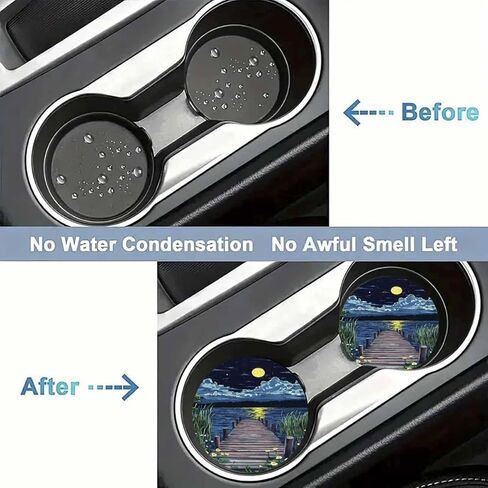 2pcs Van Gogh Style Serene Lake and Starry Sky Scenery Car Coaster - Heat-Resistant Non-Slip Car Cup Holder Suitable for Home, Office, Car - Ideal Birthday Fashionable Interior Accessor in Saudi Arabia