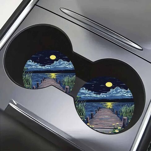 2pcs Van Gogh Style Serene Lake and Starry Sky Scenery Car Coaster - Heat-Resistant Non-Slip Car Cup Holder Suitable for Home, Office, Car - Ideal Birthday Fashionable Interior Accessor in Saudi Arabia