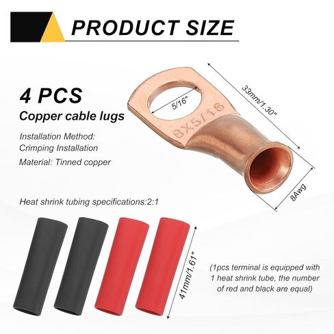 MECCANIXITY 4pcs 8 AWG M8 Battery Lugs Ring Terminals, 5/16" 8mm Stud Crimp Wire Terminal Connector End Copper, 2:1 Heat Shrink Tubing, Gold in Saudi Arabia