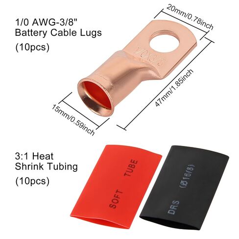 10 قطع 1/0 AWG-3/8 عروات بطارية، عروات سلكية شديدة التحمل، أطراف حلقية، أطراف كابل البطارية، 0 أطراف قياس، موصلات أطراف البطارية مع 10 قطع 3:1 أنابيب انكماش حراري in Saudi Arabia