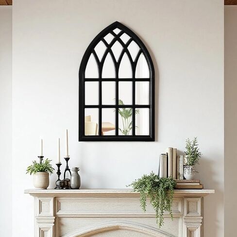Vintage Cathedral Mirror 20 X 32 Inch, Hanging Farmhouse Black Arched Window Mirrors for Wall Decor, Wood Frame Gothic Windowpane Mirrors for Living Room Hallway Bedroom Halloween in Saudi Arabia