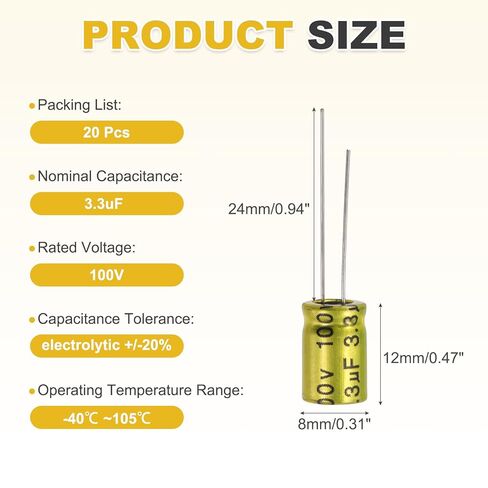 MECCANIXITY 3.3uF 100V Non-Polarized Electrolytic Capacitor, 8mm x 12mm Aluminum Audio Capacitors for DIY Projects Audio Tweeter Frequency Divider Pack of 20 in Saudi Arabia