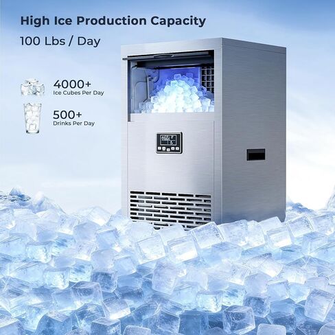 Kismile Commercial Ice Maker, 100 lbs/24H Ice Machine with 29 lbs Storage, Under Counter Ice Maker with LED Display & Self-Cleaning, 304 Stainless Steel Structure for Home, Bar, Outdoor Kitchen in Kuwait