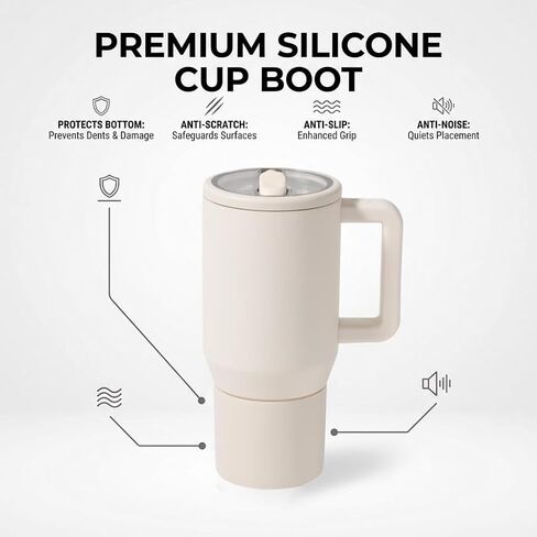 حذاء من السيليكون لزجاجة مياه HydroJug Traveler بسعة 20 أونصة مع مقبض وأكواب بقطر 2.5 بوصة - غير قابلة للانزلاق، مقاومة للخدش، معززة للثبات، كم واقٍ مضاد للانزلاق (أبيض كريمي) in Kuwait