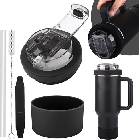 Cup Lid Replacement for 40 Oz Stanley Tumbler,Flip Straw Lid with Double Drinking Mouth, Cleaning Brush and Cup Boot 、Leakproof & Dustproof Cover for Stanley Cup Accessories (Black, 40) in Saudi Arabia