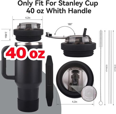 Cup Lid Replacement for 40 Oz Stanley Tumbler,Flip Straw Lid with Double Drinking Mouth, Cleaning Brush and Cup Boot 、Leakproof & Dustproof Cover for Stanley Cup Accessories (Black, 40) in Saudi Arabia