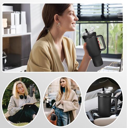 Cup Lid Replacement for 40 Oz Stanley Tumbler,Flip Straw Lid with Double Drinking Mouth, Cleaning Brush and Cup Boot 、Leakproof & Dustproof Cover for Stanley Cup Accessories (Black, 40) in Saudi Arabia