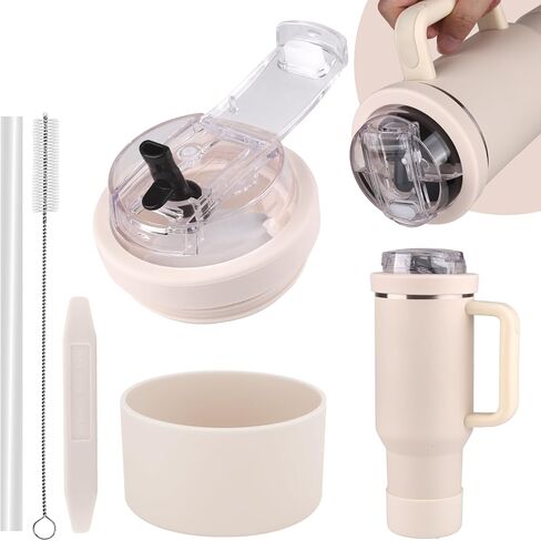 Cup Lid Replacement for 40 Oz Stanley Tumbler,Flip Straw Lid with Double Drinking Mouth, Cleaning Brush and Cup Boot 、Leakproof & Dustproof Cover for Stanley Cup Accessories (Black, 40) in Saudi Arabia