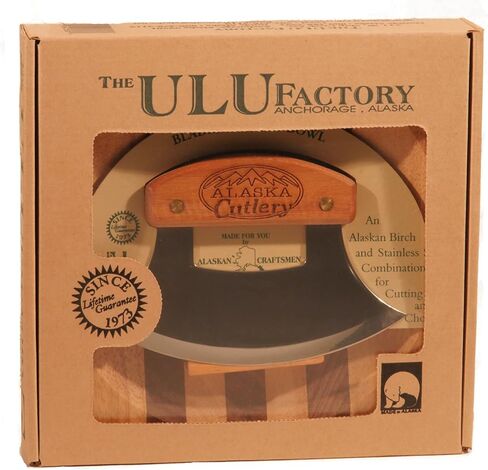 Alaska Ulu Knife Set Curved Knife with Wood Handle plus Chopping Board Mezzaluna Made in Alaska USA Ulu Factory in Saudi Arabia