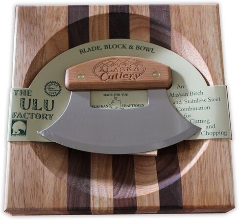 Alaska Ulu Knife Set Curved Knife with Wood Handle plus Chopping Board Mezzaluna Made in Alaska USA Ulu Factory in Saudi Arabia