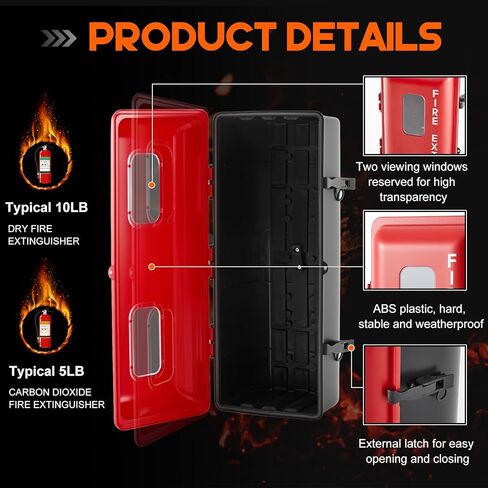 DoubleFill 10 lb Fire Extinguisher Cabinet Box with 3D Arrow Sign Red Sturdy Plastic Holder Case with Internal Rope Fastening and External Latch Vandal-Resistant Weatherproof Protect Outdoor in Saudi Arabia