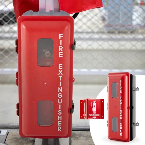 DoubleFill 10 lb Fire Extinguisher Cabinet Box with 3D Arrow Sign Red Sturdy Plastic Holder Case with Internal Rope Fastening and External Latch Vandal-Resistant Weatherproof Protect Outdoor in Saudi Arabia