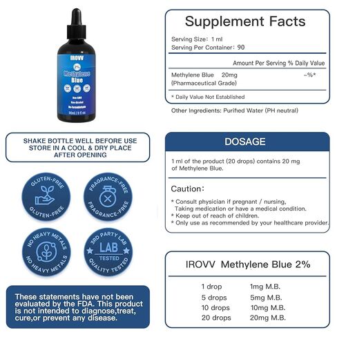 قطرات الميثيلين الزرقاء 3 أونصة سائلة 2%-USP/درجة صيدلانية 99.99% محلول نقي، تم اختباره من قبل طرف ثالث، بدون الفورمالديهايد، زجاجة زجاجية in Saudi Arabia