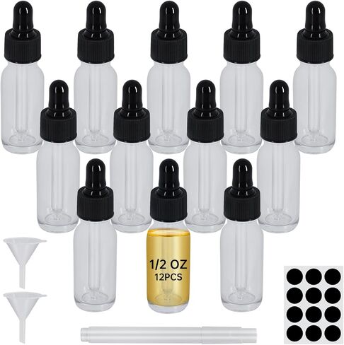 12Pcs 0.5 oz Clear Dropper Bottle 15ml, Tincture Bottles with Glass Dropper, for Essential Oils, Aromatherapy, Cosmetic, Laboratory, Pharmacy, Liquids, Travel (12) in Kuwait