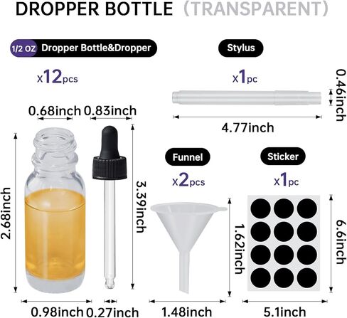 12Pcs 0.5 oz Clear Dropper Bottle 15ml, Tincture Bottles with Glass Dropper, for Essential Oils, Aromatherapy, Cosmetic, Laboratory, Pharmacy, Liquids, Travel (12) in Kuwait