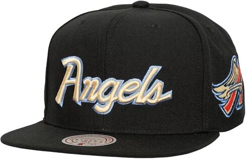 قبعة Mitchell & Ness Los Angeles Angels Cooperstown Cream Script Snapback، باللون الأسود in Kuwait
