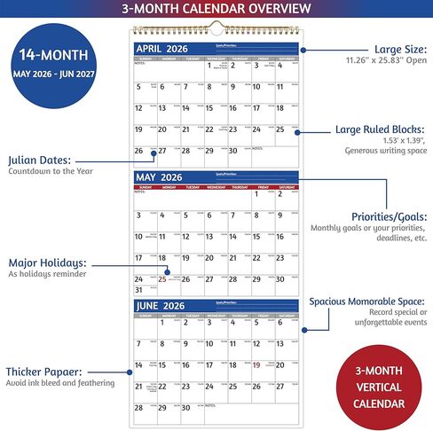 2026 Wall Calendar - 3 Month Calendar 2026 Vertical, Jan 2026 - Dec 2026, 3 Month Wall Calendar 2026, 11 x 26 In Open, 2026 Calendar with Large Print, Holidays, Thick Paper, Priorities ＆ Notes, Blue in Saudi Arabia