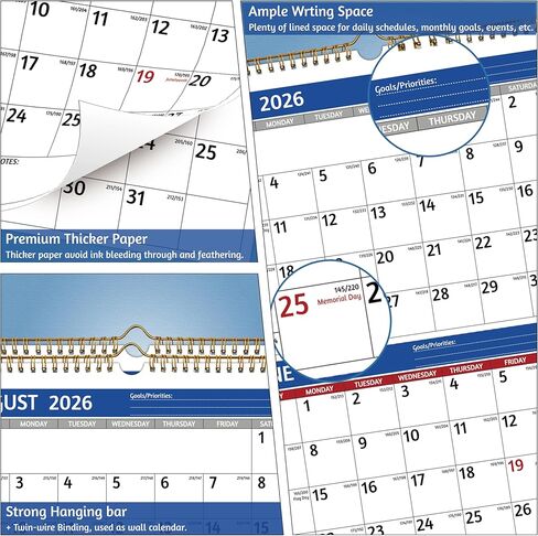 2026 Wall Calendar - 3 Month Calendar 2026 Vertical, Jan 2026 - Dec 2026, 3 Month Wall Calendar 2026, 11 x 26 In Open, 2026 Calendar with Large Print, Holidays, Thick Paper, Priorities ＆ Notes, Blue in Saudi Arabia
