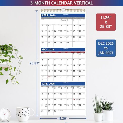 2026 Wall Calendar - 3 Month Calendar 2026 Vertical, Jan 2026 - Dec 2026, 3 Month Wall Calendar 2026, 11 x 26 In Open, 2026 Calendar with Large Print, Holidays, Thick Paper, Priorities ＆ Notes, Blue in Saudi Arabia