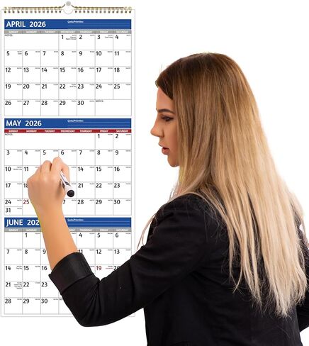 2026 Wall Calendar - 3 Month Calendar 2026 Vertical, Jan 2026 - Dec 2026, 3 Month Wall Calendar 2026, 11 x 26 In Open, 2026 Calendar with Large Print, Holidays, Thick Paper, Priorities ＆ Notes, Blue in Saudi Arabia