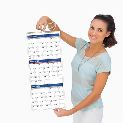 2026 Wall Calendar - 3 Month Calendar 2026 Vertical, Jan 2026 - Dec 2026, 3 Month Wall Calendar 2026, 11 x 26 In Open, 2026 Calendar with Large Print, Holidays, Thick Paper, Priorities ＆ Notes, Blue in Saudi Arabia