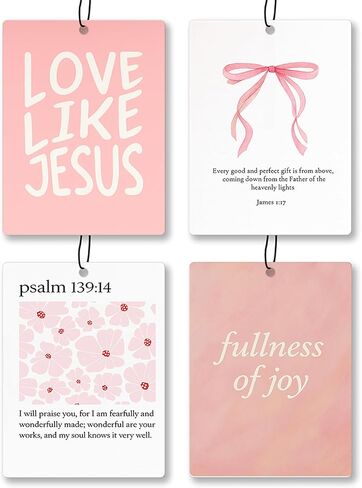 معطر هواء للسيارة من Pink Christian 4 قطع - معطر هواء معلق على شكل قلب من الكتاب المقدس آية الله معلق لكتب أدراج خزانة السيارات، ديكور إكسسوارات السيارات المسيحية الوردية للفتيات في غرفة النوم in Kuwait