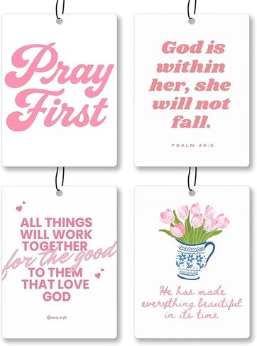 معطر هواء للسيارة من Pink Christian 4 قطع - معطر هواء معلق على شكل قلب من الكتاب المقدس آية الله معلق لكتب أدراج خزانة السيارات، ديكور إكسسوارات السيارات المسيحية الوردية للفتيات في غرفة النوم in Kuwait