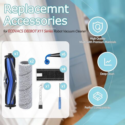قطع غيار متوافقة مع Ecovacs Deebot X11 OmniCyclone/ X11 Pro Omni/ X11 Pro/ X11 Robot Vacuum 1 فرشاة رئيسية، 2 ممسحة دوارة، 4 مرشحات HEPA، 6 فرش جانبية و2 أدوات تنظيف (15 حزمة) in Kuwait