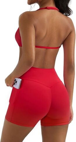 OMKAGI 2 Piece Workout Sets for Women Open Back Strappy Sports Bra Matching Gym Outfits with Pockets in Saudi Arabia