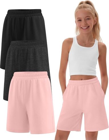 3 Pack Girls Bermuda Shorts Athletic Knee Length Shorts Summer Casual Girl Long Shorts Kids SweatShorts with Pocket in Saudi Arabia