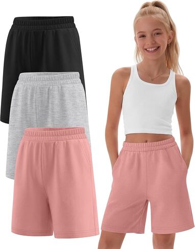 3 Pack Girls Bermuda Shorts Athletic Knee Length Shorts Summer Casual Girl Long Shorts Kids SweatShorts with Pocket in Saudi Arabia