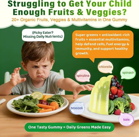 Kids Multivitamin Gummies, 20+ Super Greens Fruit and Veggies Supplement Superfood Daily Gummies with Probiotics for Kids Gummy Vitamins & Minerals for Tummy & Immune Support -Vegan, Sugar Free, 60Cts in Saudi Arabia