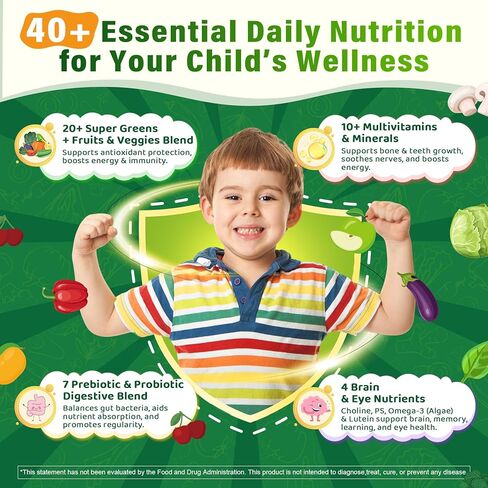 Kids Multivitamin Gummies, 20+ Super Greens Fruit and Veggies Supplement Superfood Daily Gummies with Probiotics for Kids Gummy Vitamins & Minerals for Tummy & Immune Support -Vegan, Sugar Free, 60Cts in Saudi Arabia