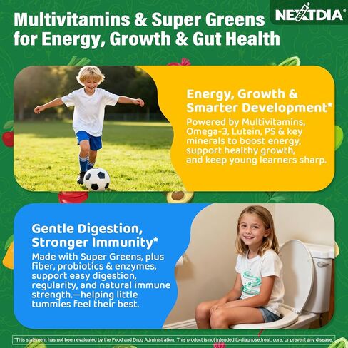 Kids Multivitamin Gummies, 20+ Super Greens Fruit and Veggies Supplement Superfood Daily Gummies with Probiotics for Kids Gummy Vitamins & Minerals for Tummy & Immune Support -Vegan, Sugar Free, 60Cts in Saudi Arabia